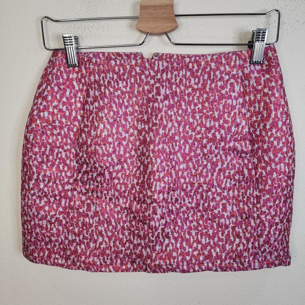 Oliver Bonas Women's Short Mini Pink Animal Print Metallic Skirt Size 6 Pockets